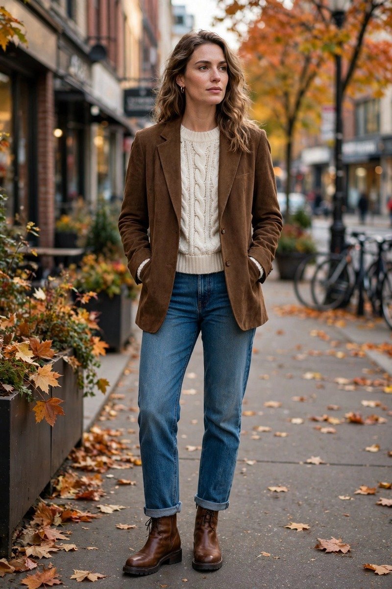 Brown blazer over cream sweater with jeans and brown boots, fall outfit