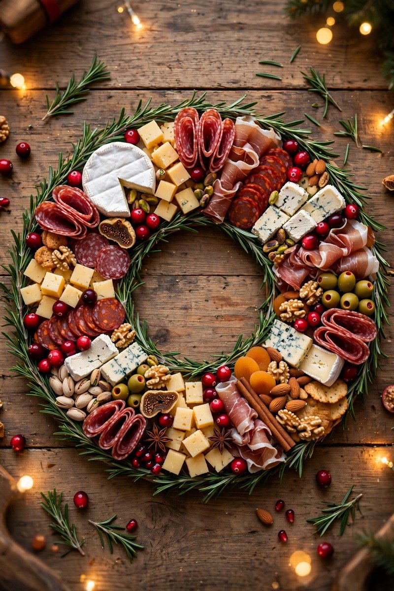 Christmas wreath charcuterie board with rosemary