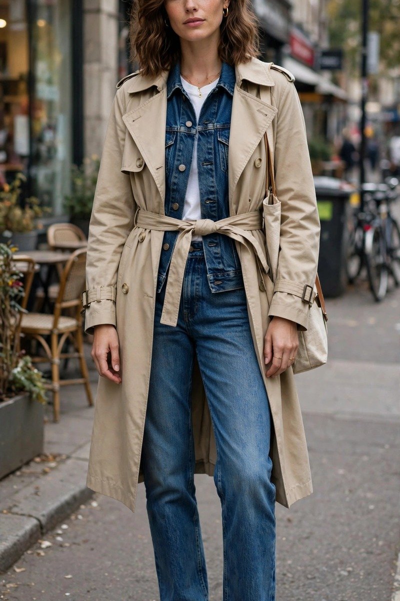 Woman in trench coat with denim on denim