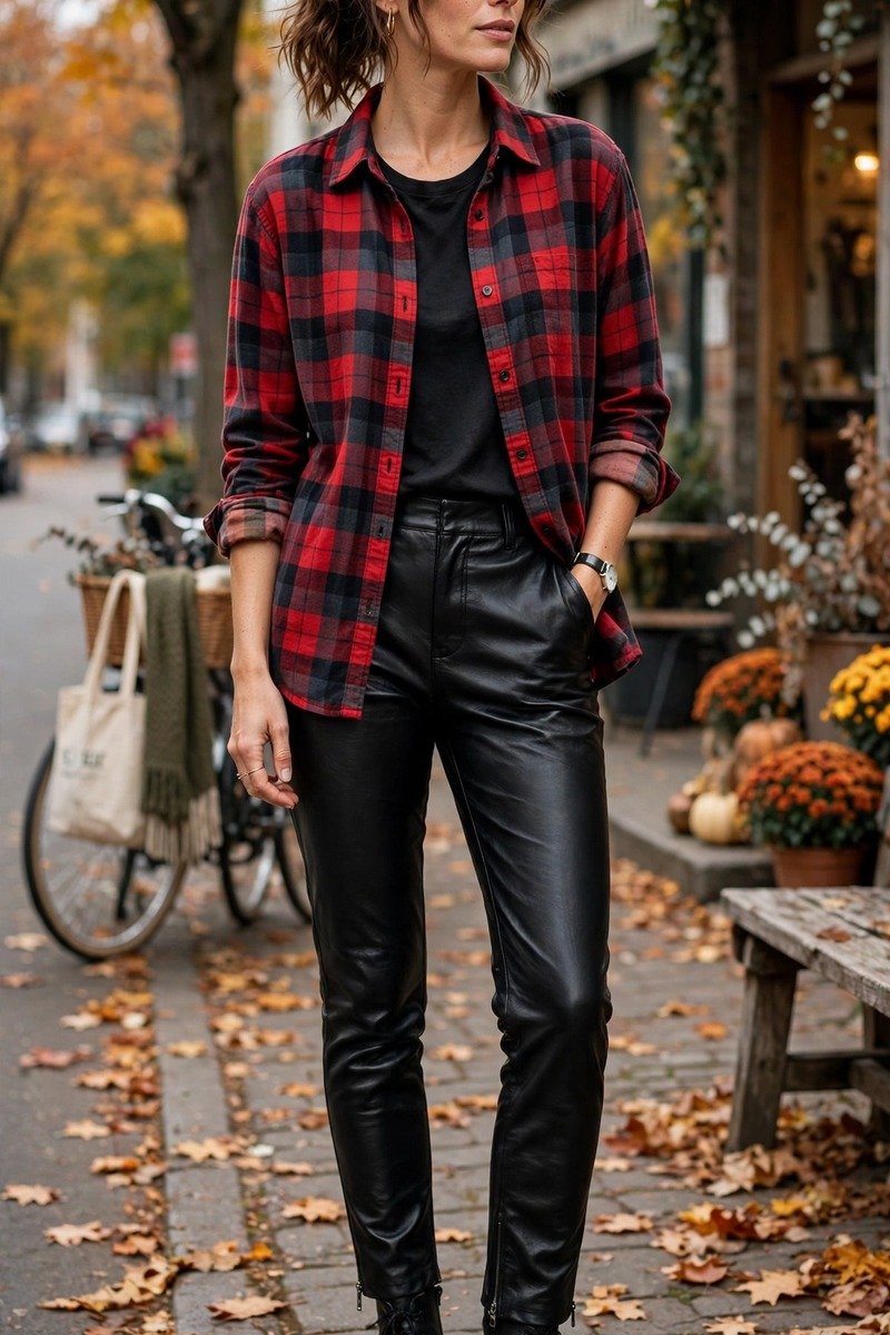 Woman in leather pants with plaid flannel shirt