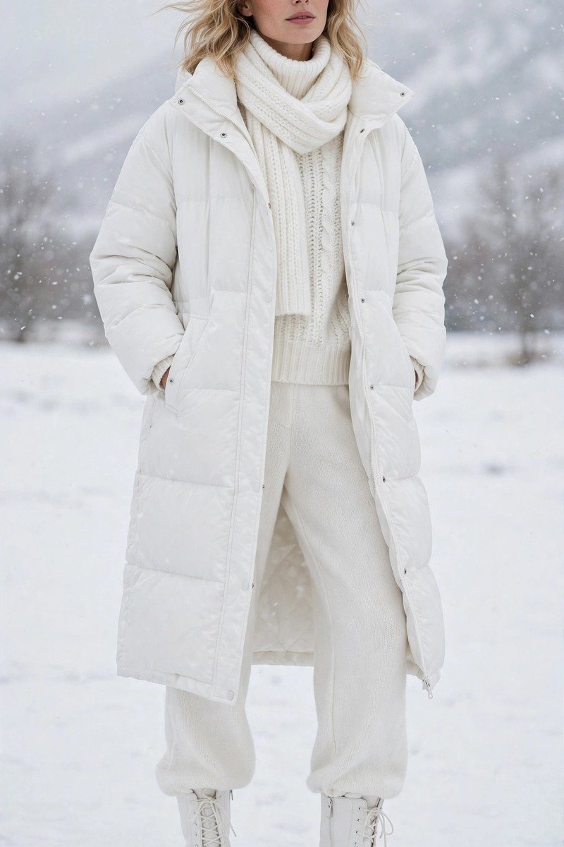 Woman in white boots with winter white outfit