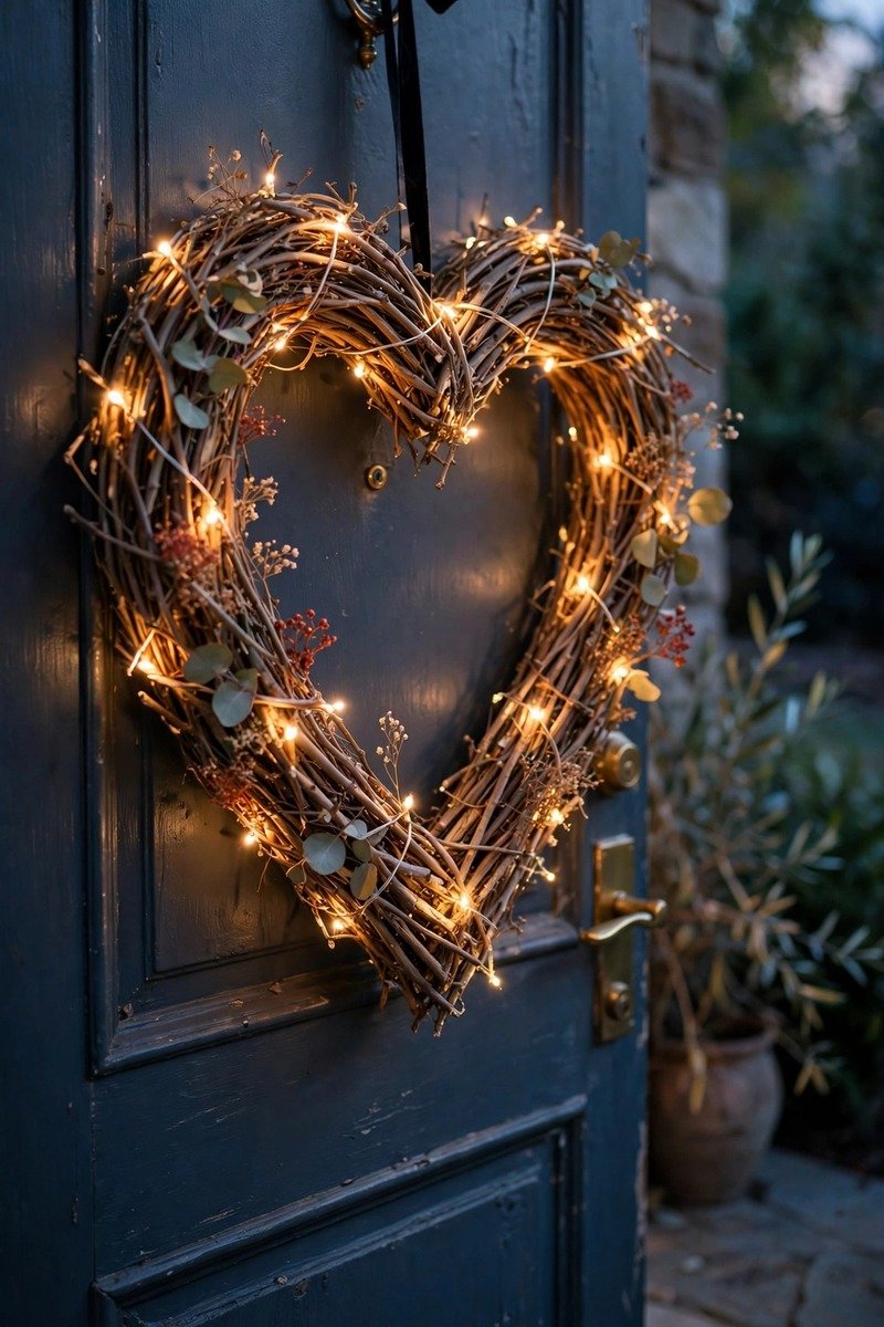 Twig heart Valentine's wreath with fairy lights