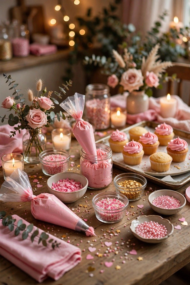 Cupcake decorating station with pink frosting