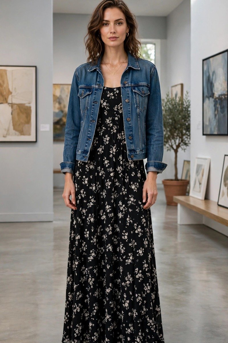 Woman in maxi dress and denim jacket at a gallery