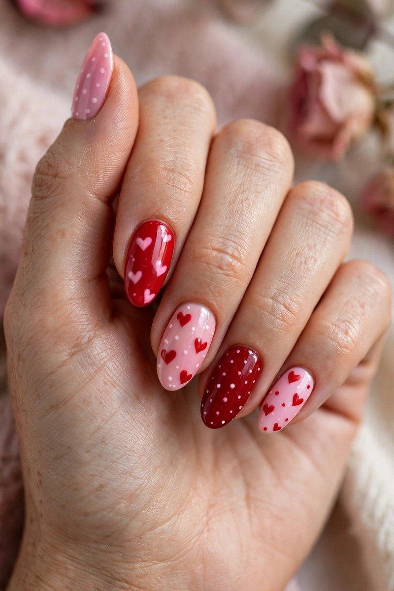 Nails mixing small hearts and polka dots in pink and red