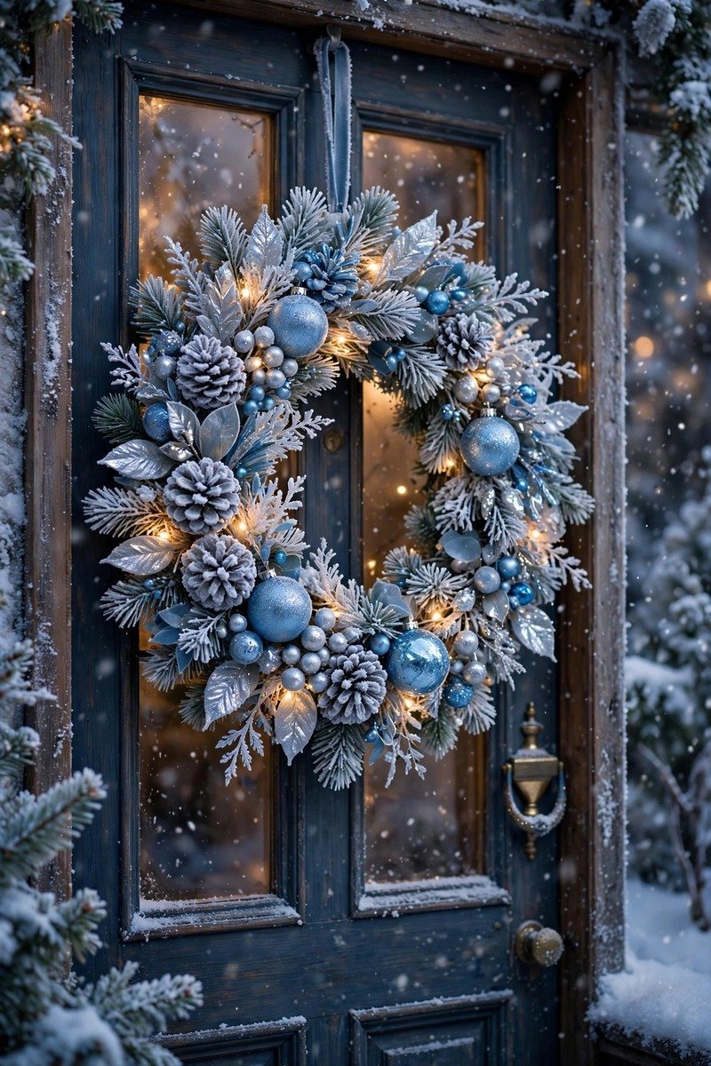 Blue and icy silver Christmas wreath in winter wonderland style