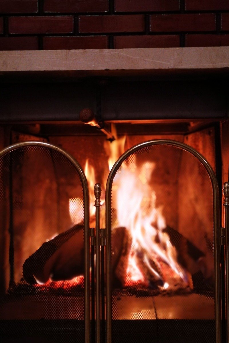 Decorative brass fire screen in front of a fireplace