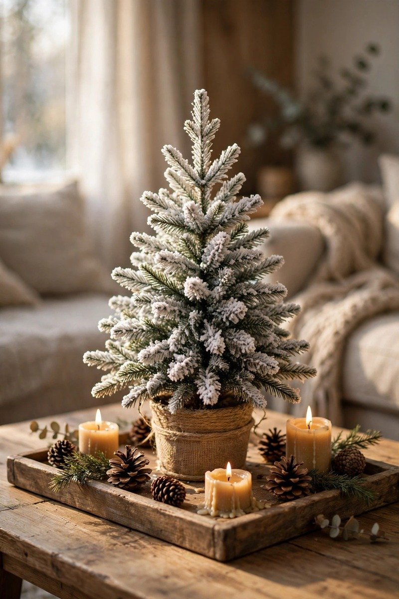 Flocked mini Christmas tree on a wooden tray with candles