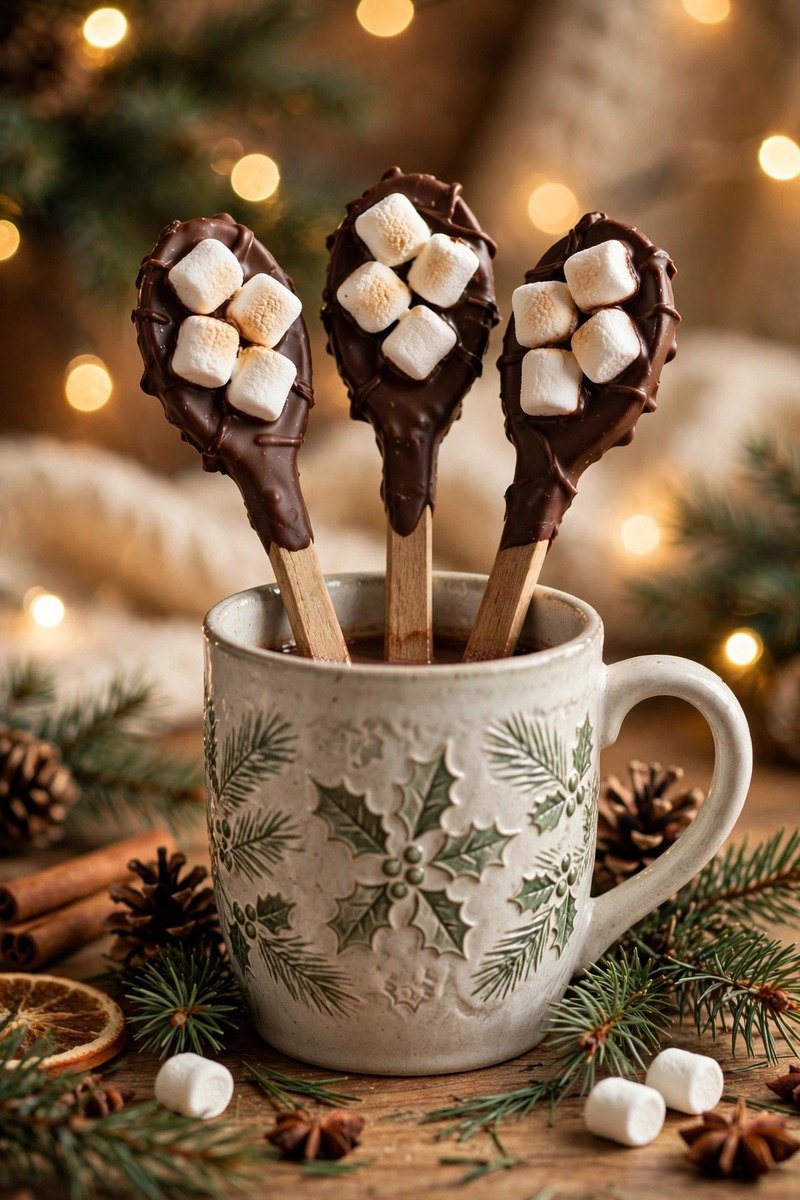 Hot chocolate stirring spoons with marshmallows