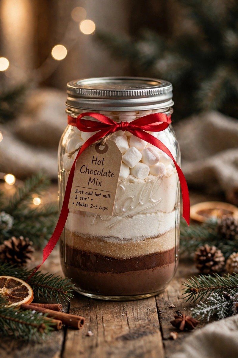 Hot chocolate mix jars layered with mini marshmallows