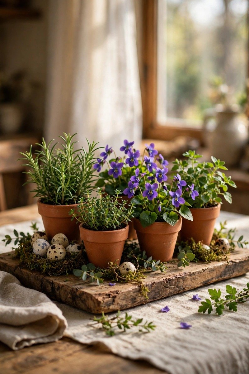 Terracotta pots of herbs and violets on a wooden board