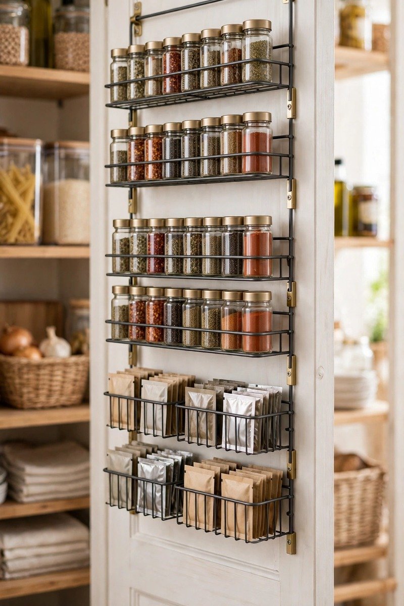 Spice and packet rack mounted on a pantry door