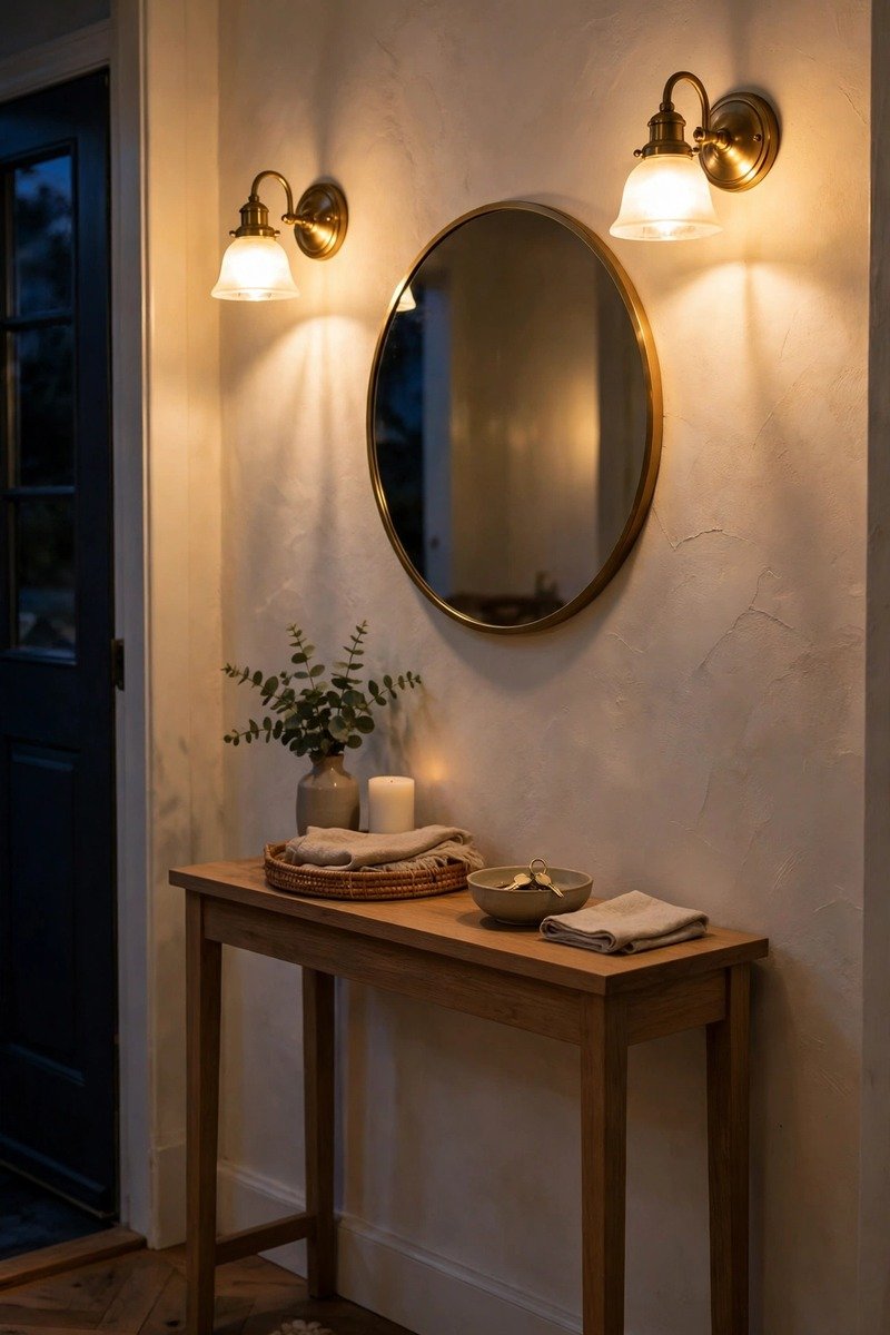 Wall sconces lighting a small entryway