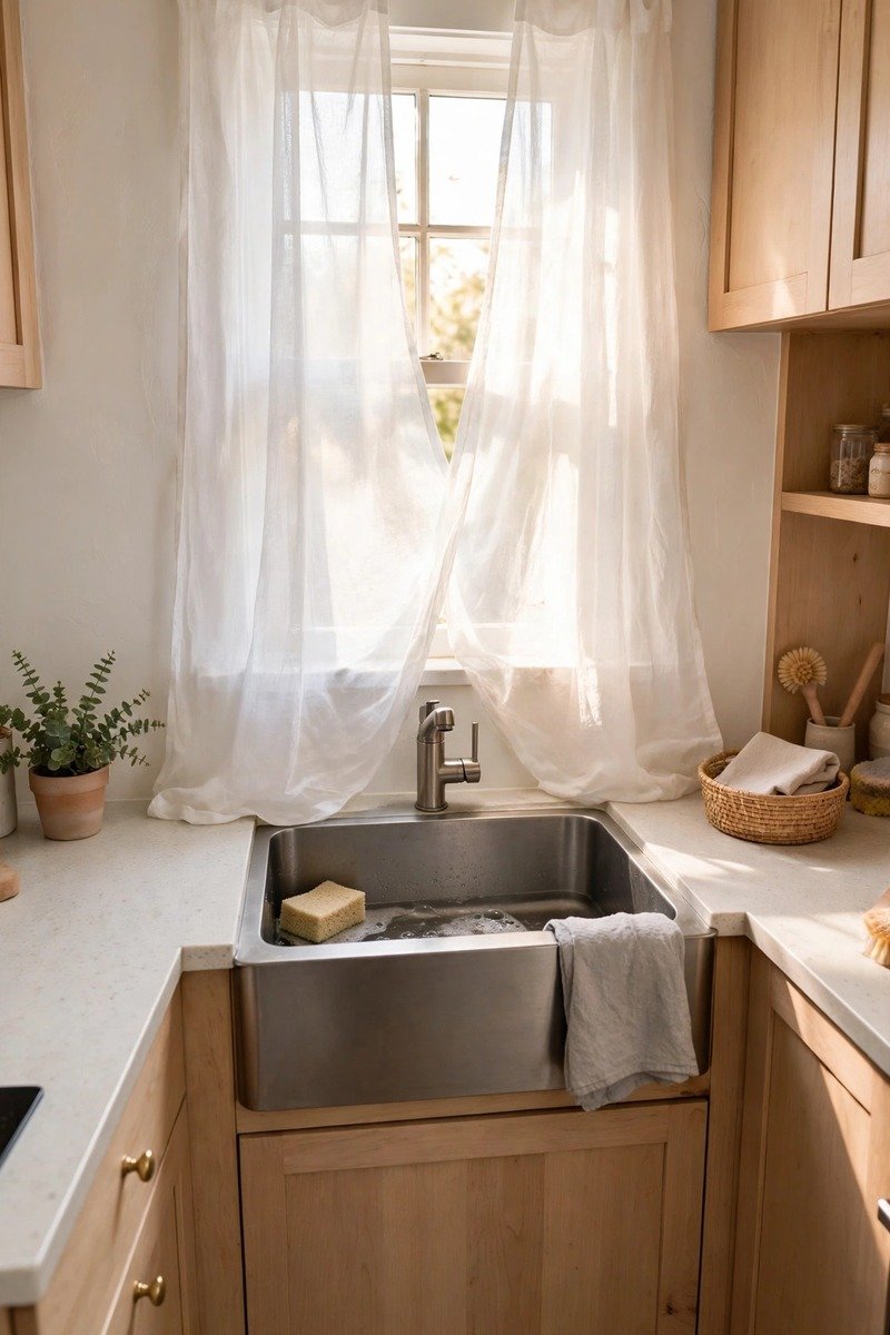 Bright kitchen window with a sheer curtain