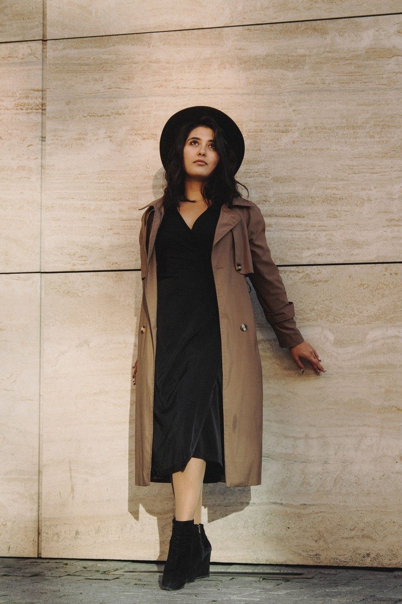 Black dress with a long trench coat