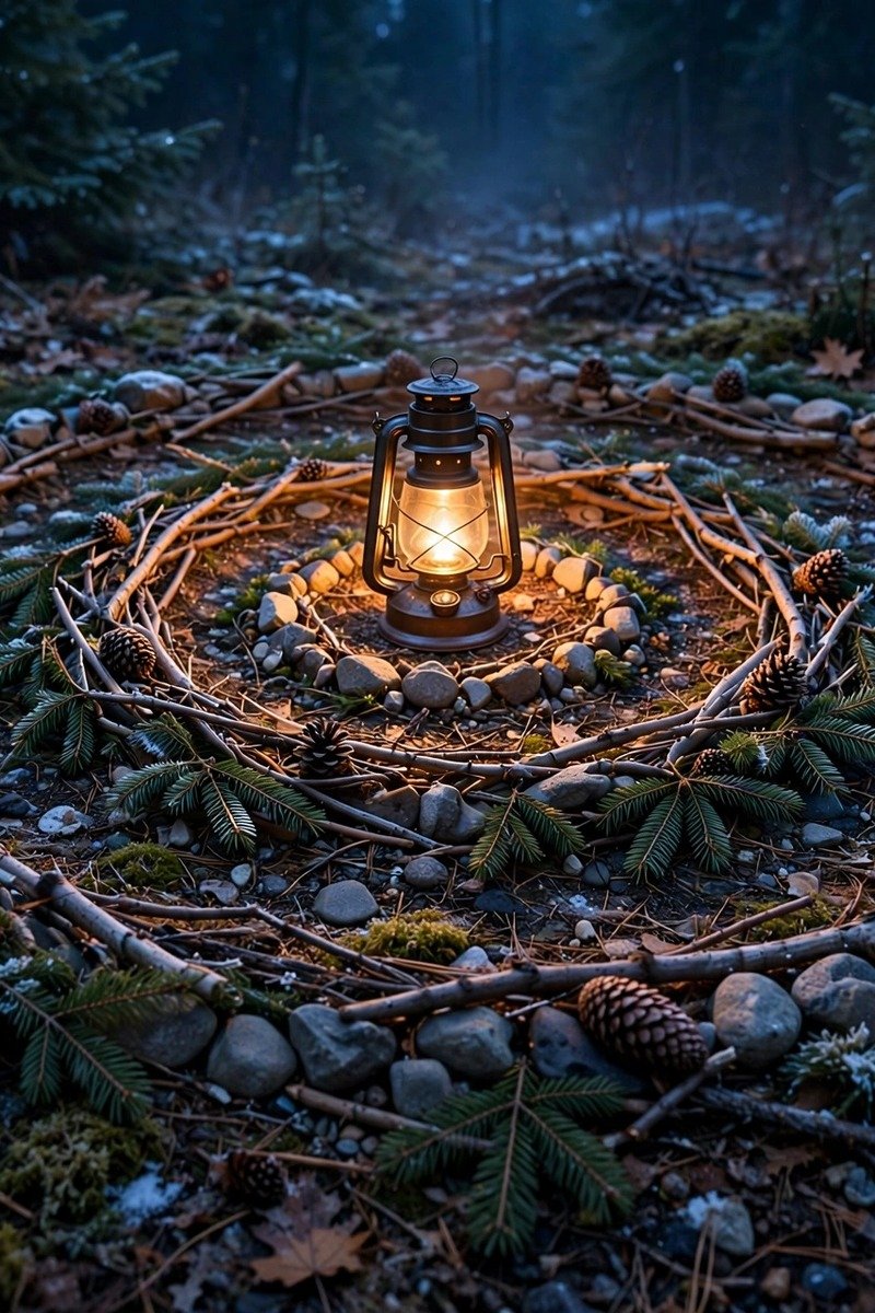 Yule crafts solstice spiral of stones and evergreens