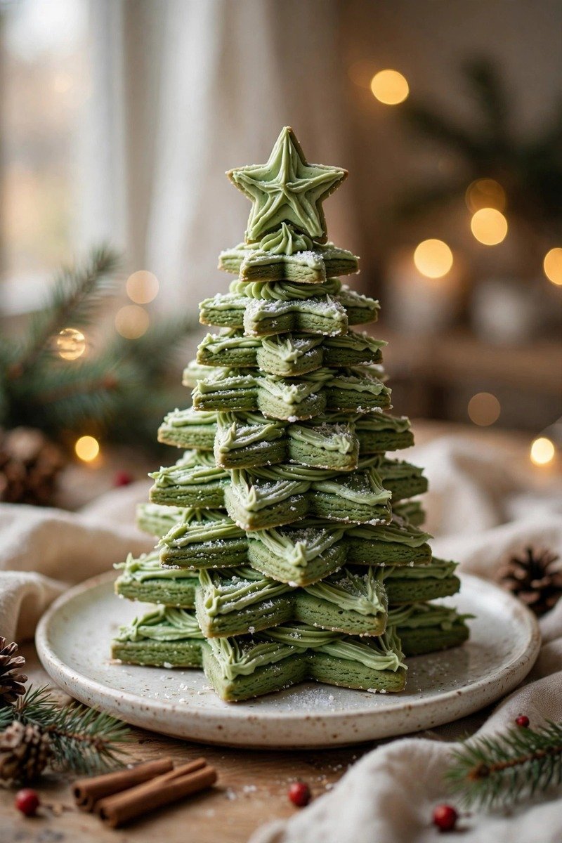 Stacked star Christmas cookies forming green Christmas trees