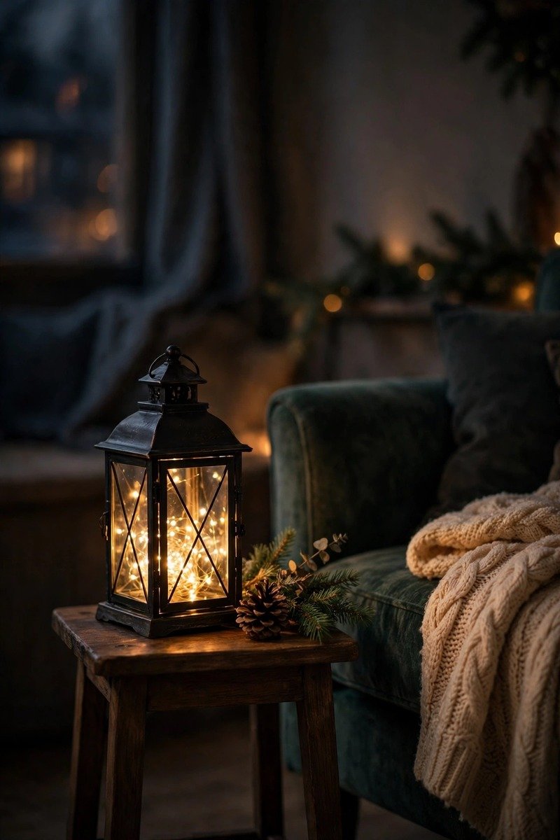 Lantern with fairy lights on a side table