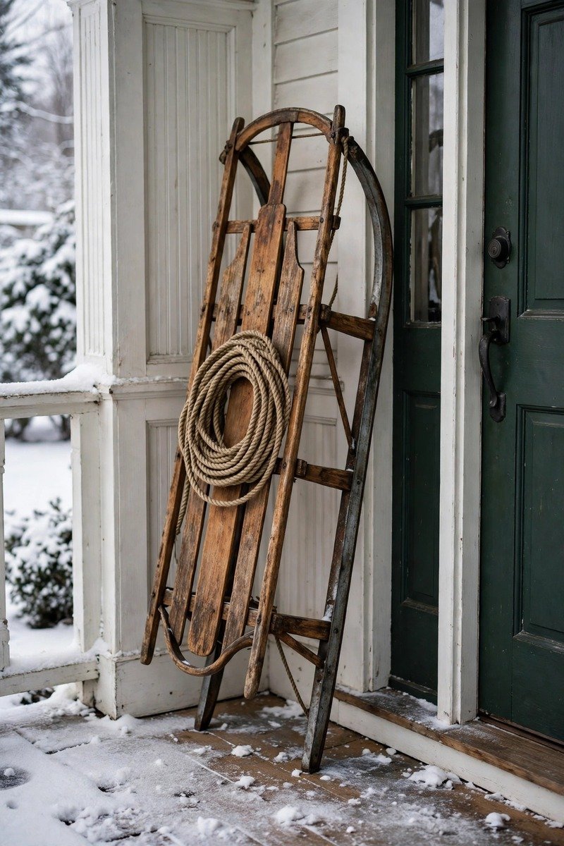 Vintage sled leaning beside a front door
