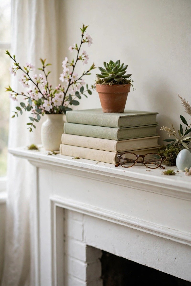Stack of garden books on a mantel
