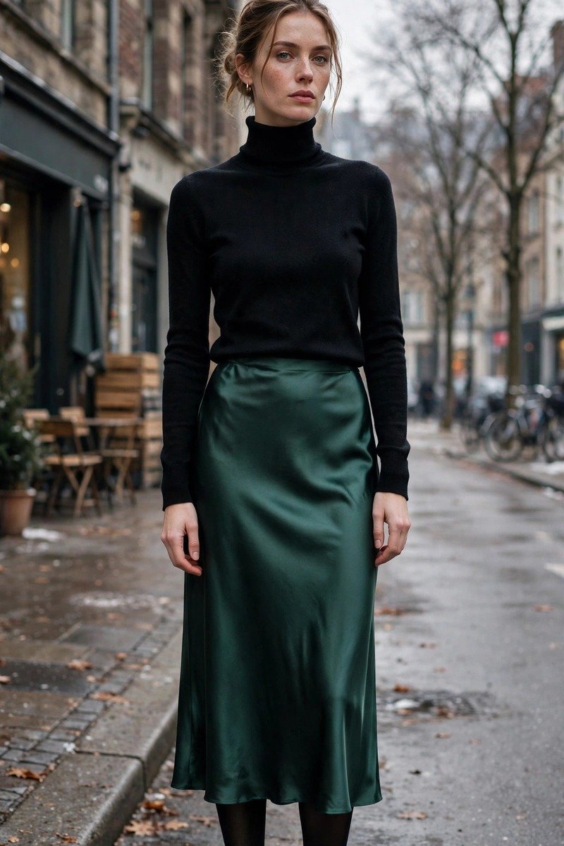 Satin midi skirt with a black turtleneck