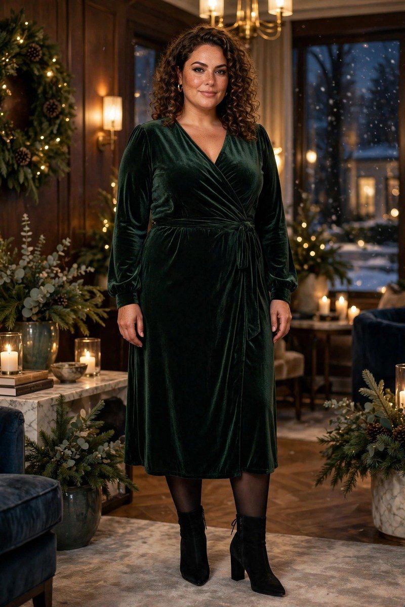 Velvet wrap dress evening outfit