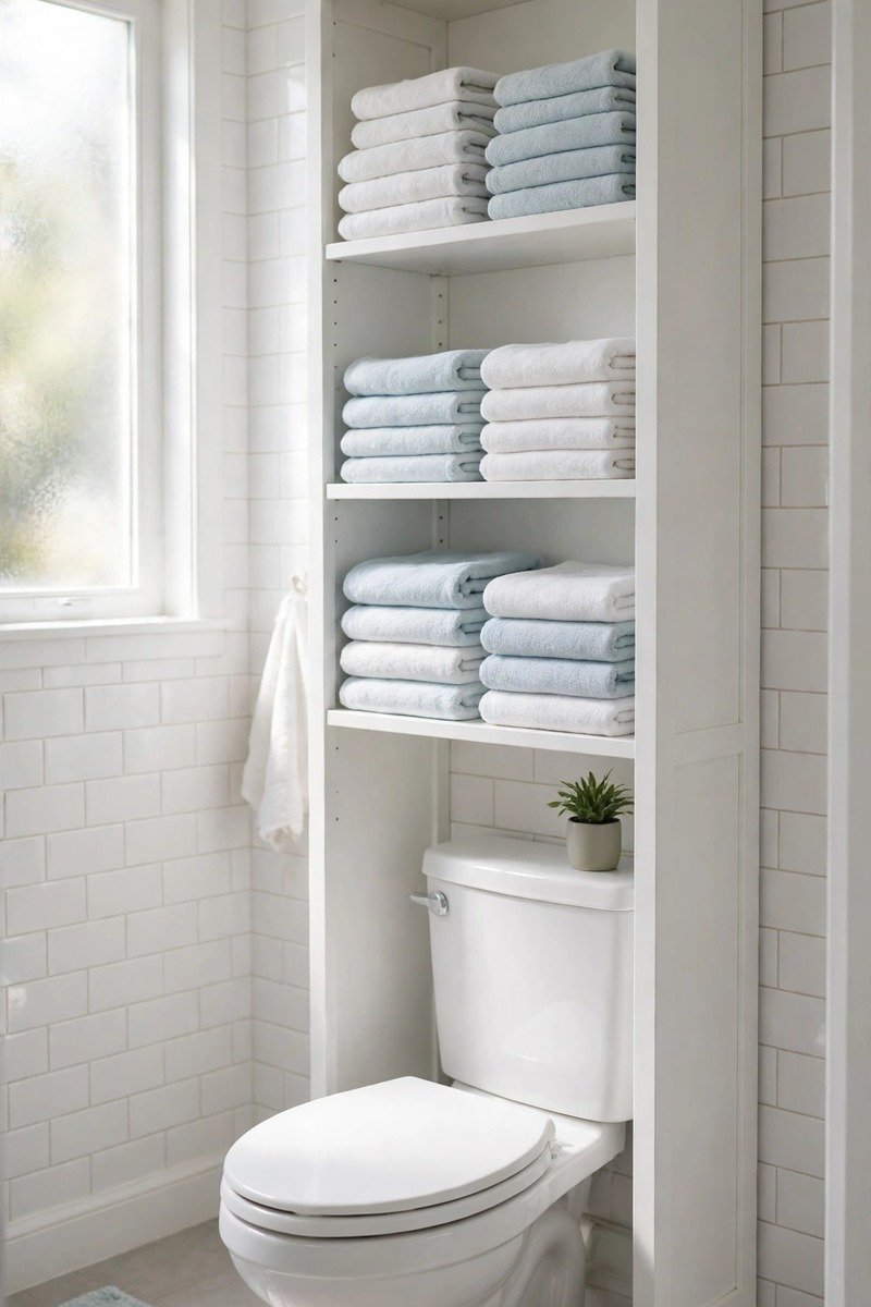 Over the toilet storage unit with folded towels