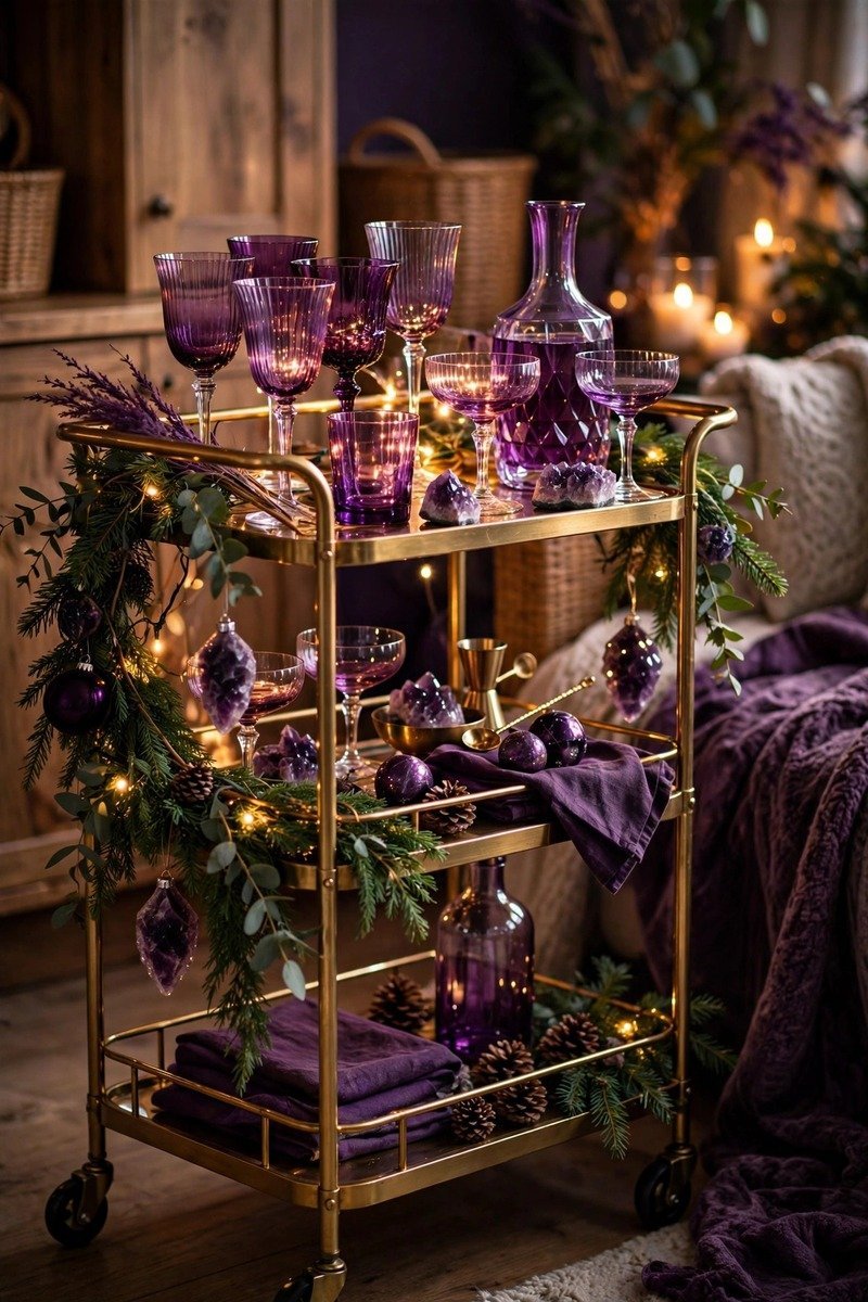 Purple tinted glassware and goblets on a holiday bar cart