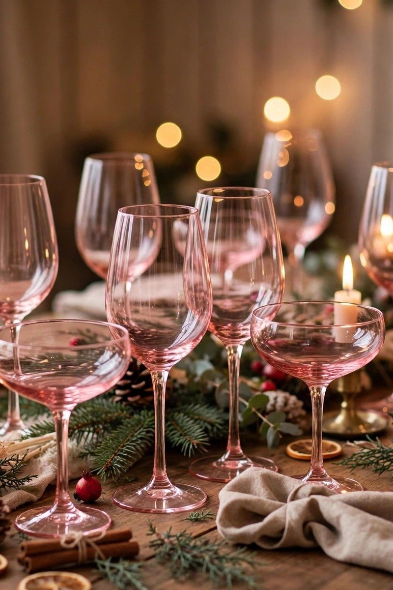 Pink tinted wine glasses and champagne coupes on a holiday table