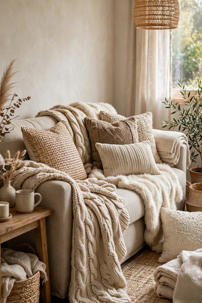 Sofa layered with textured throws in chunky knit, faux fur, and woven cotton