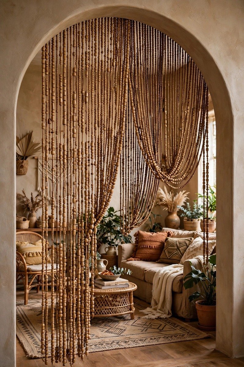 Layered double bamboo beaded curtain with two overlapping panels