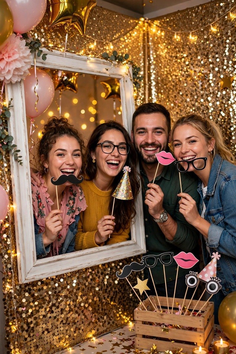 Fun DIY photo booth setup with backdrop and props for birthday magazine cover photos