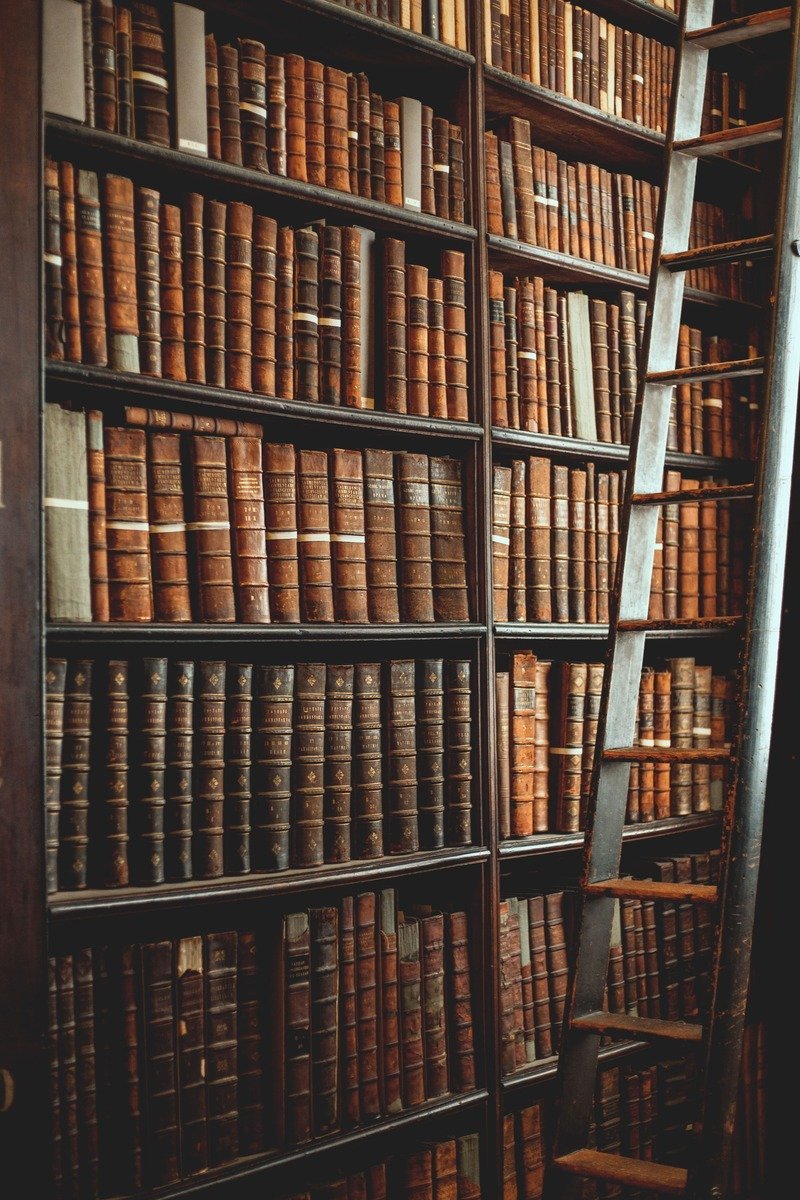 Vintage library themed corner with antique books, brass lamp, and leather chair