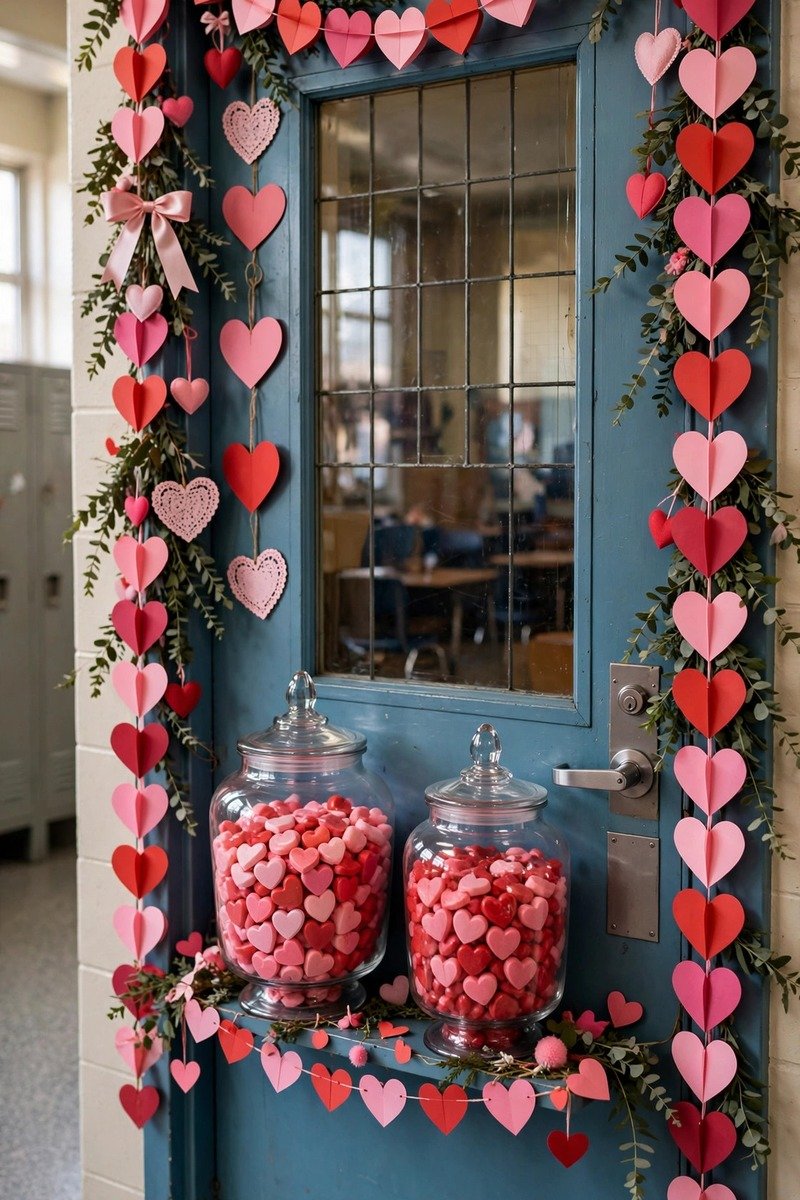 Classroom door with candy jars and sweetheart decorations