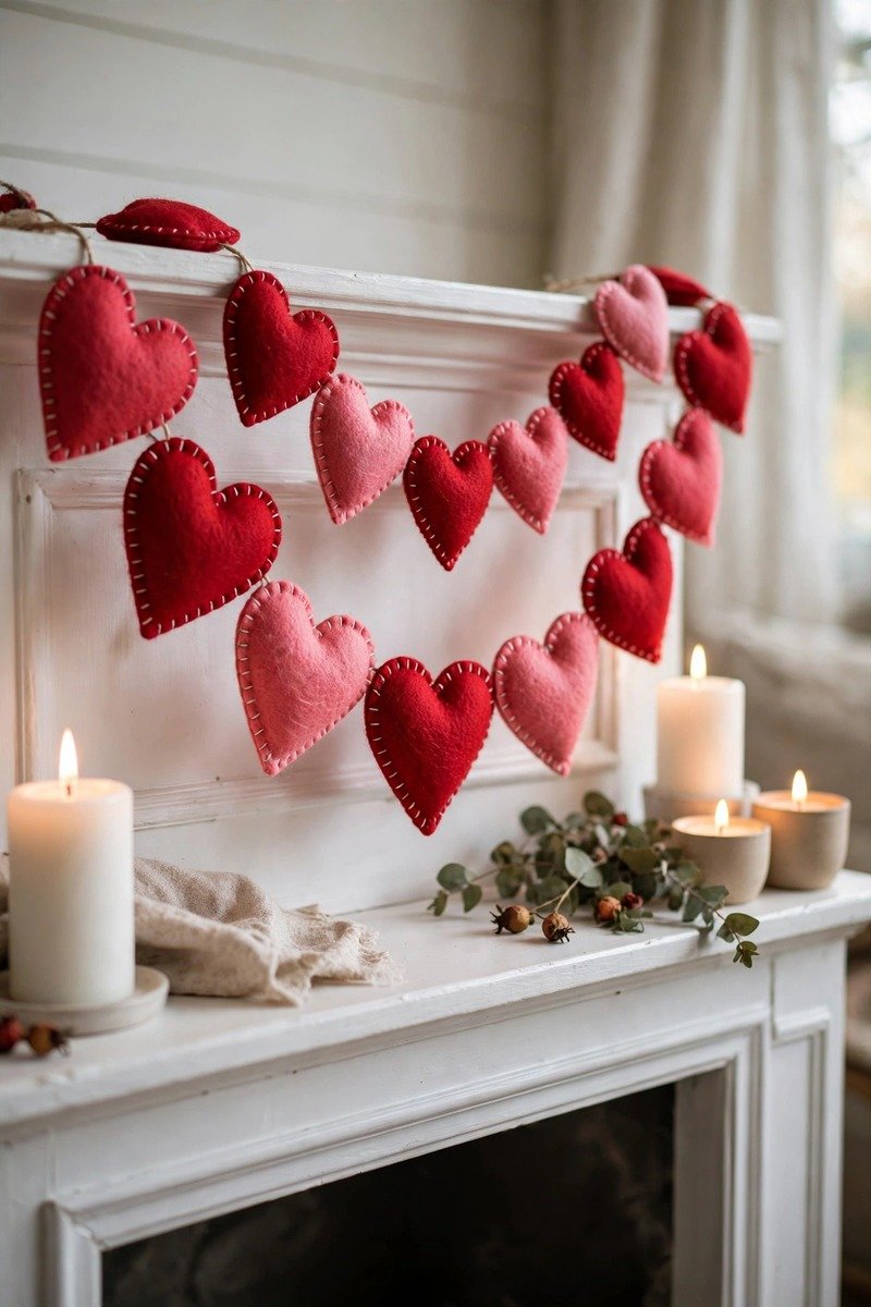 Hand-stitched felt heart garland in red and pink