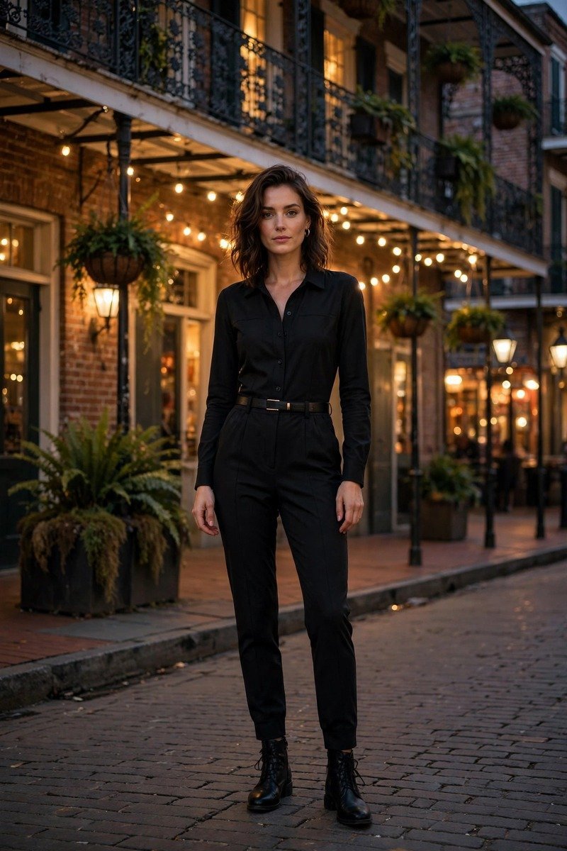 Woman in a sleek black jumpsuit in the evening