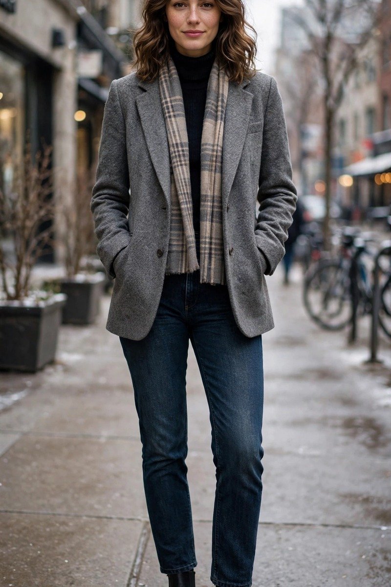 Wool grey blazer with plaid scarf and dark denim jeans, winter casual