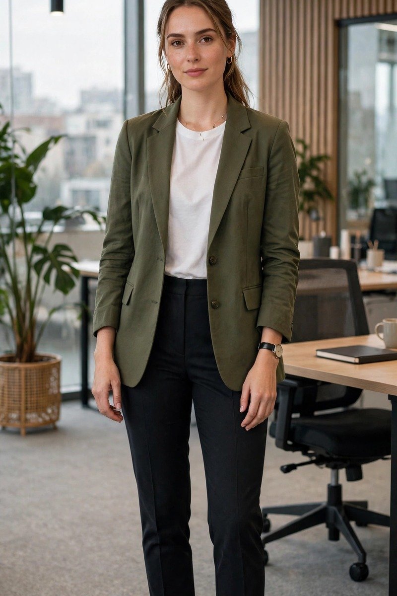 Woman in olive blazer with white top