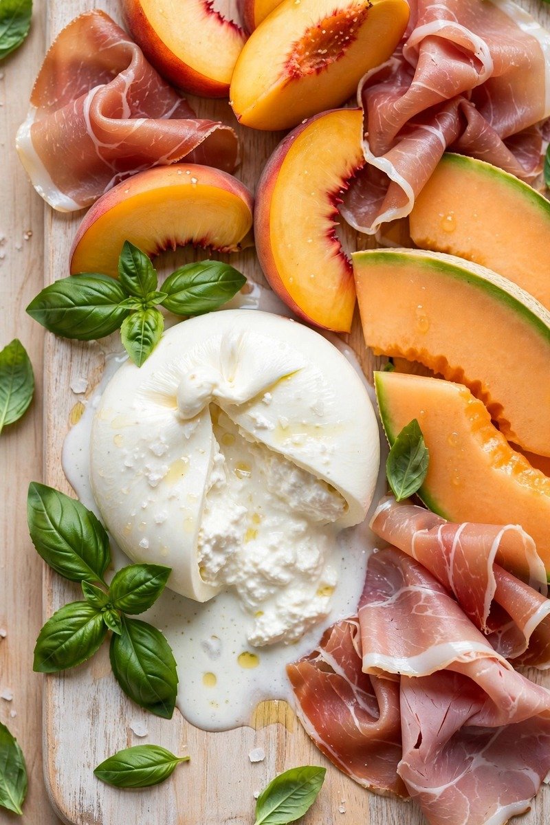 Summer fruit and cheese board with burrata