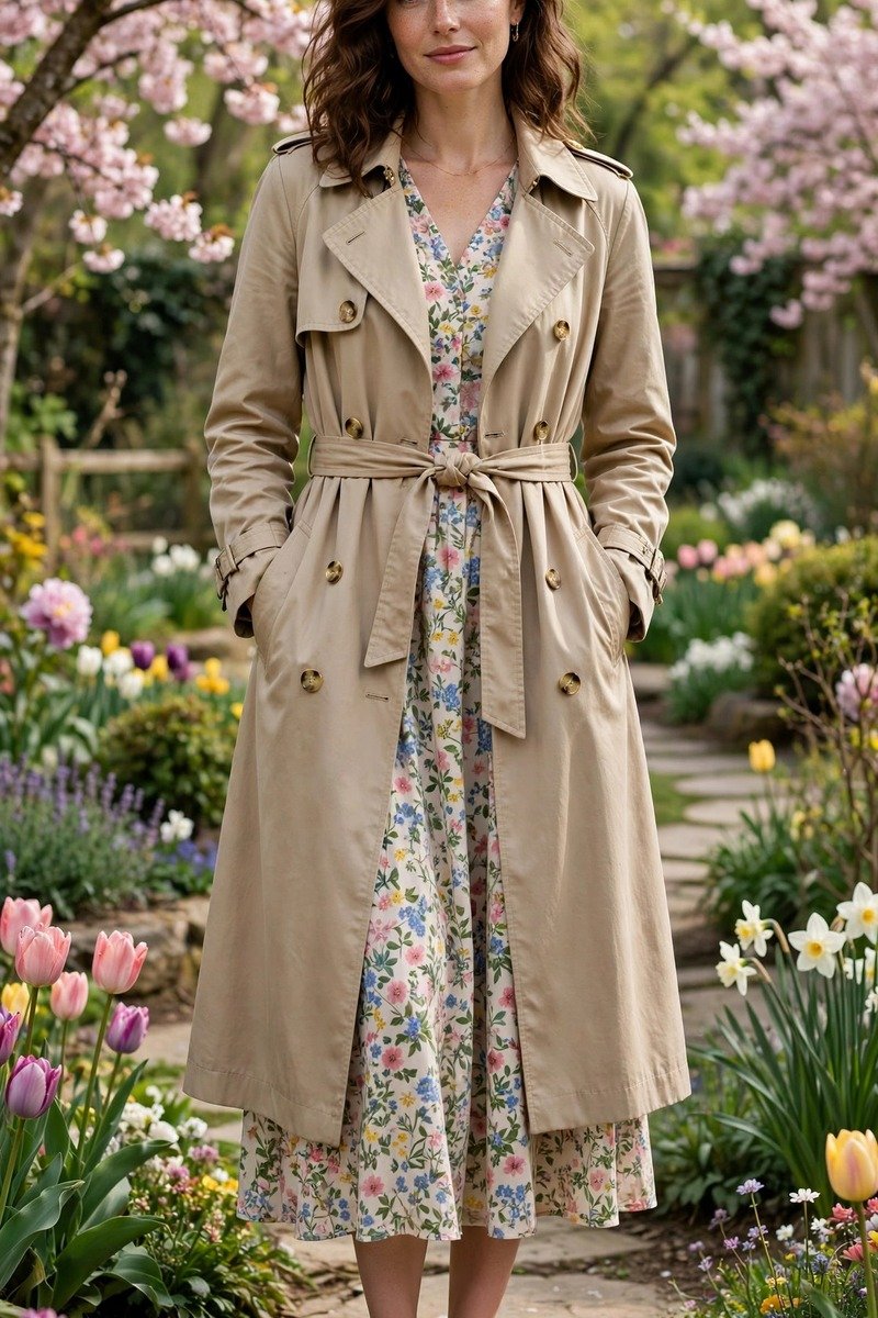 Woman in trench coat with floral midi dress