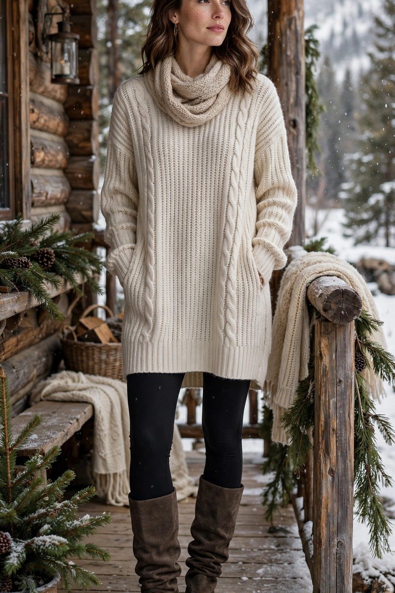 Woman in slouchy boots, leggings, and tunic