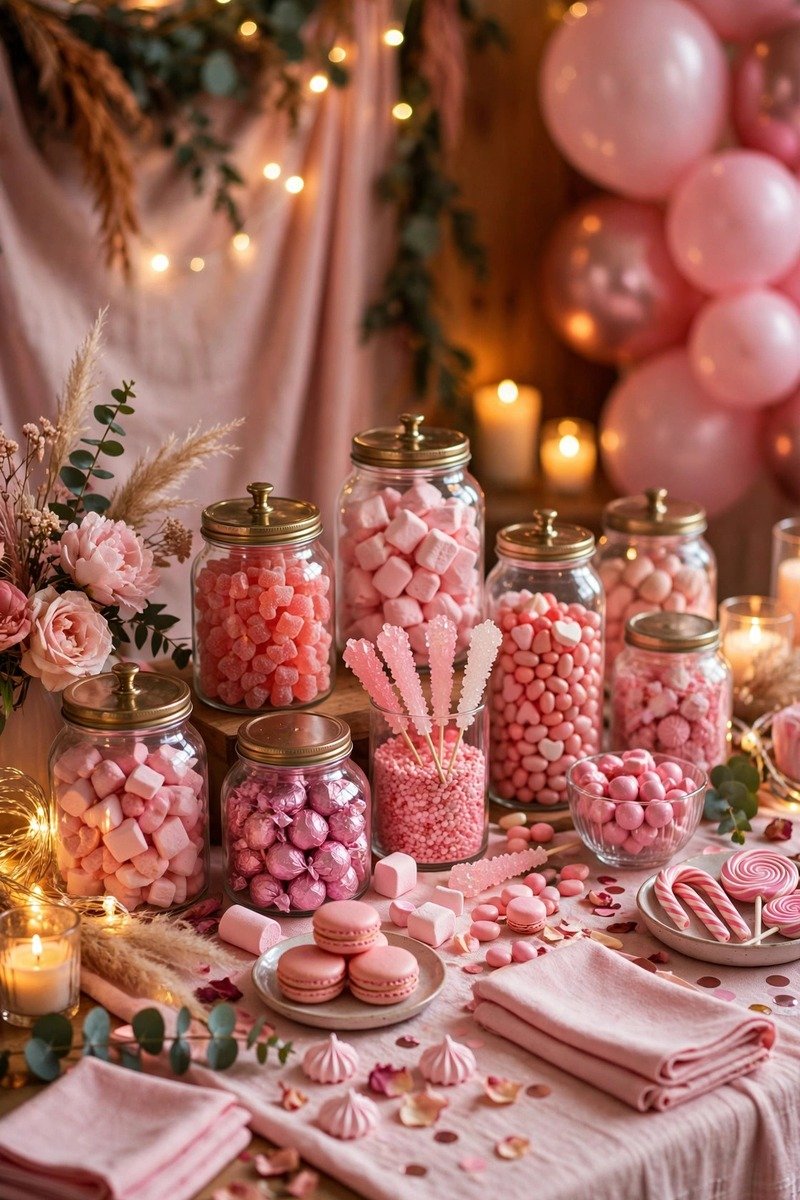 Pink candy bar with jars of sweets