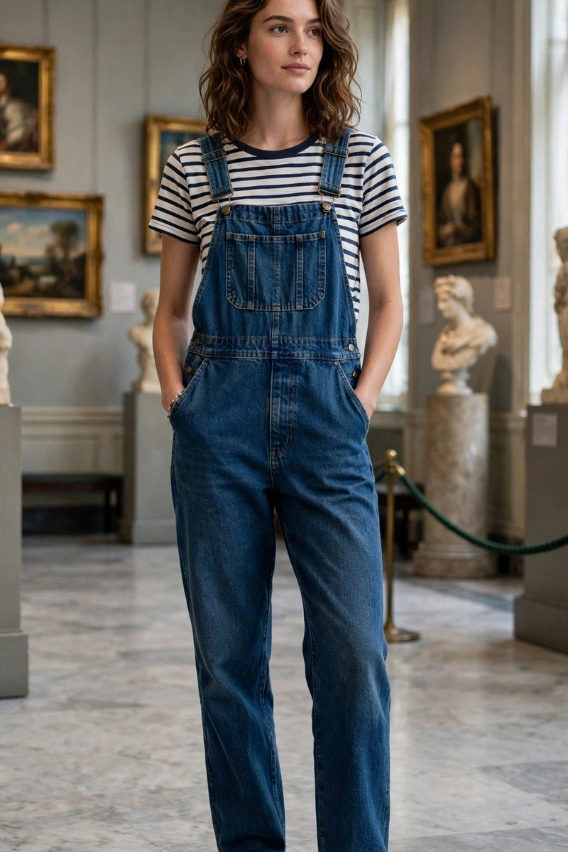 Woman in overalls and striped tee at a museum