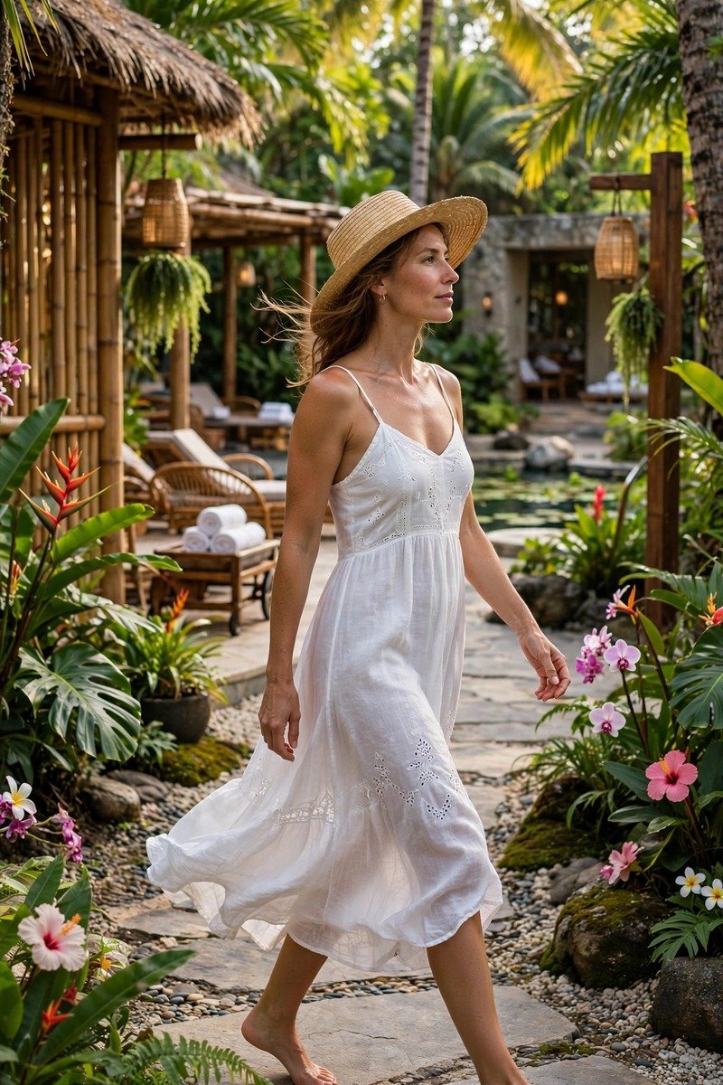 Woman in white sundress at a resort spa