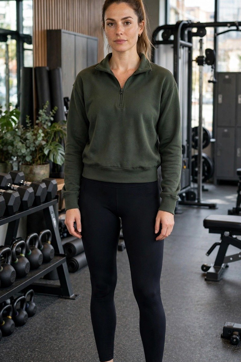 Woman in quarter-zip pullover and leggings