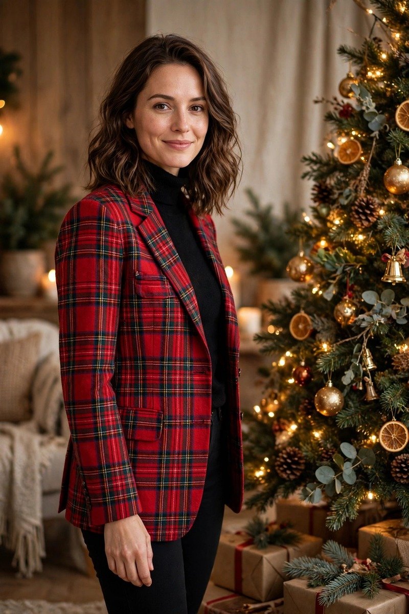 Woman in a tartan blazer and black pants for a Christmas photoshoot