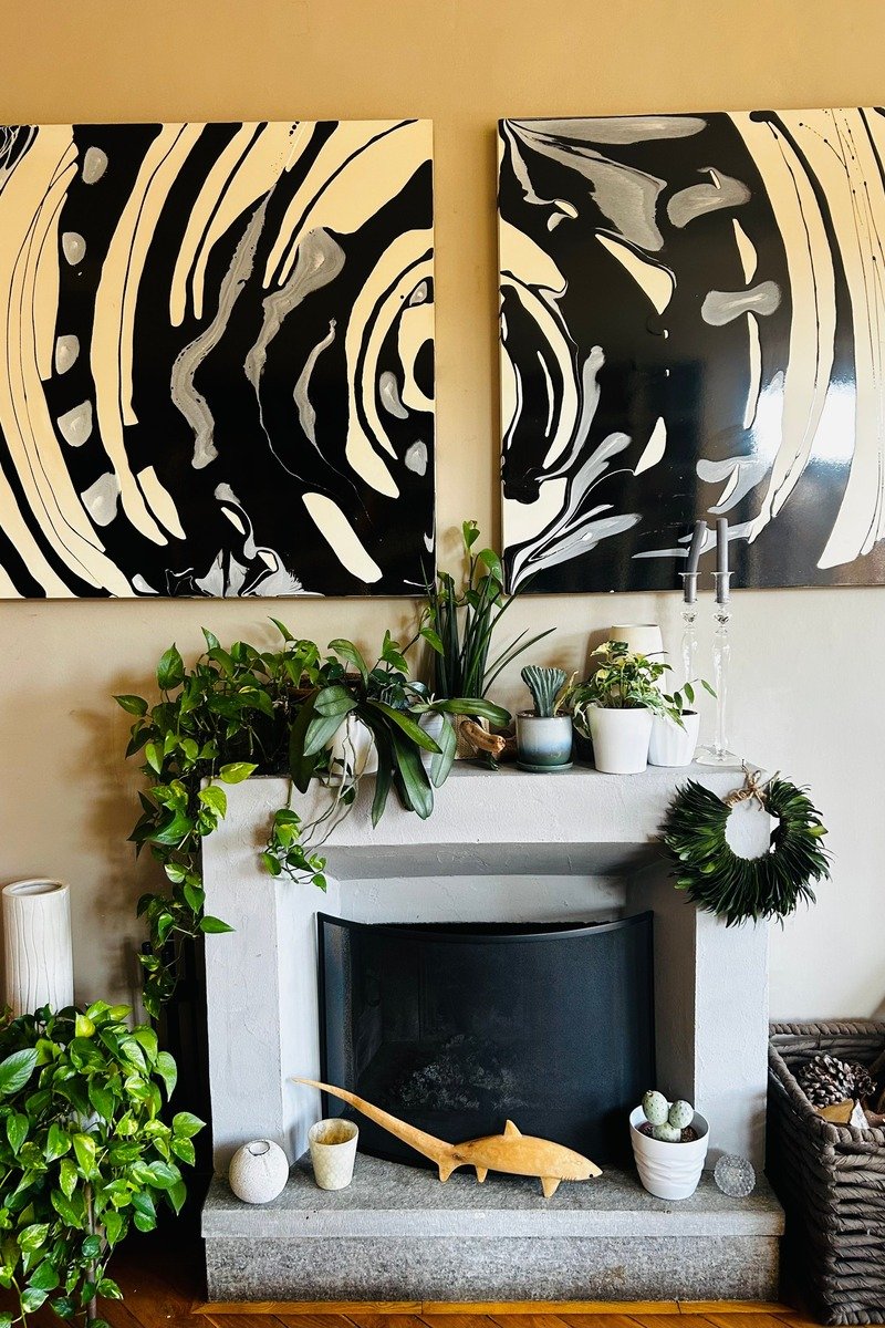 Potted plants beside and on a fireplace