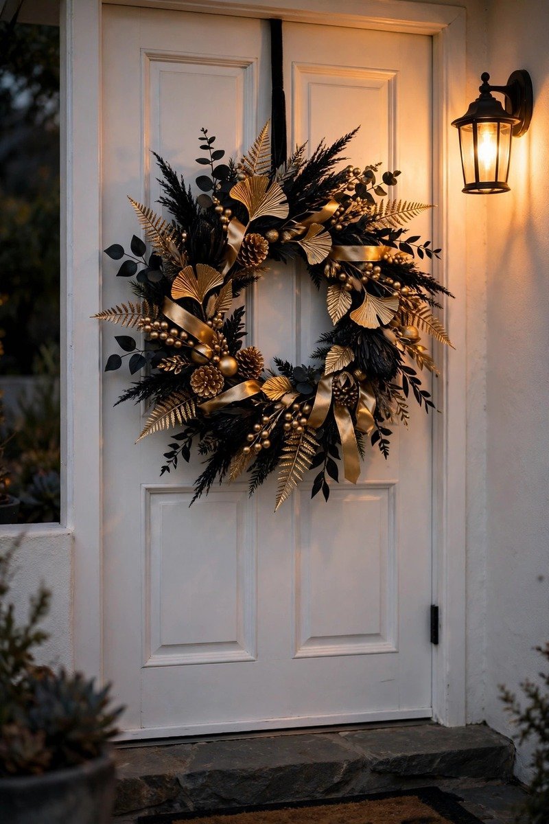Black and gold modern Christmas wreath on a white door