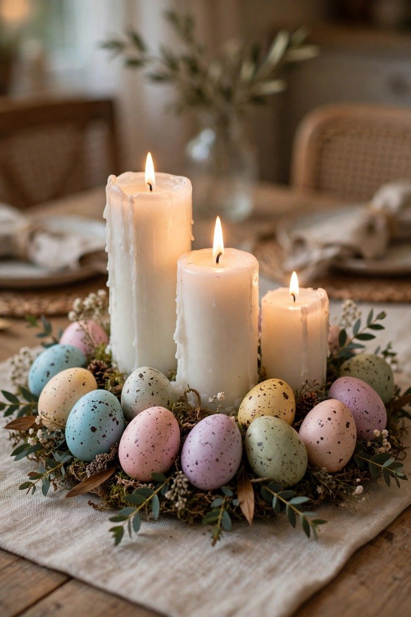 White pillar candles ringed with speckled eggs