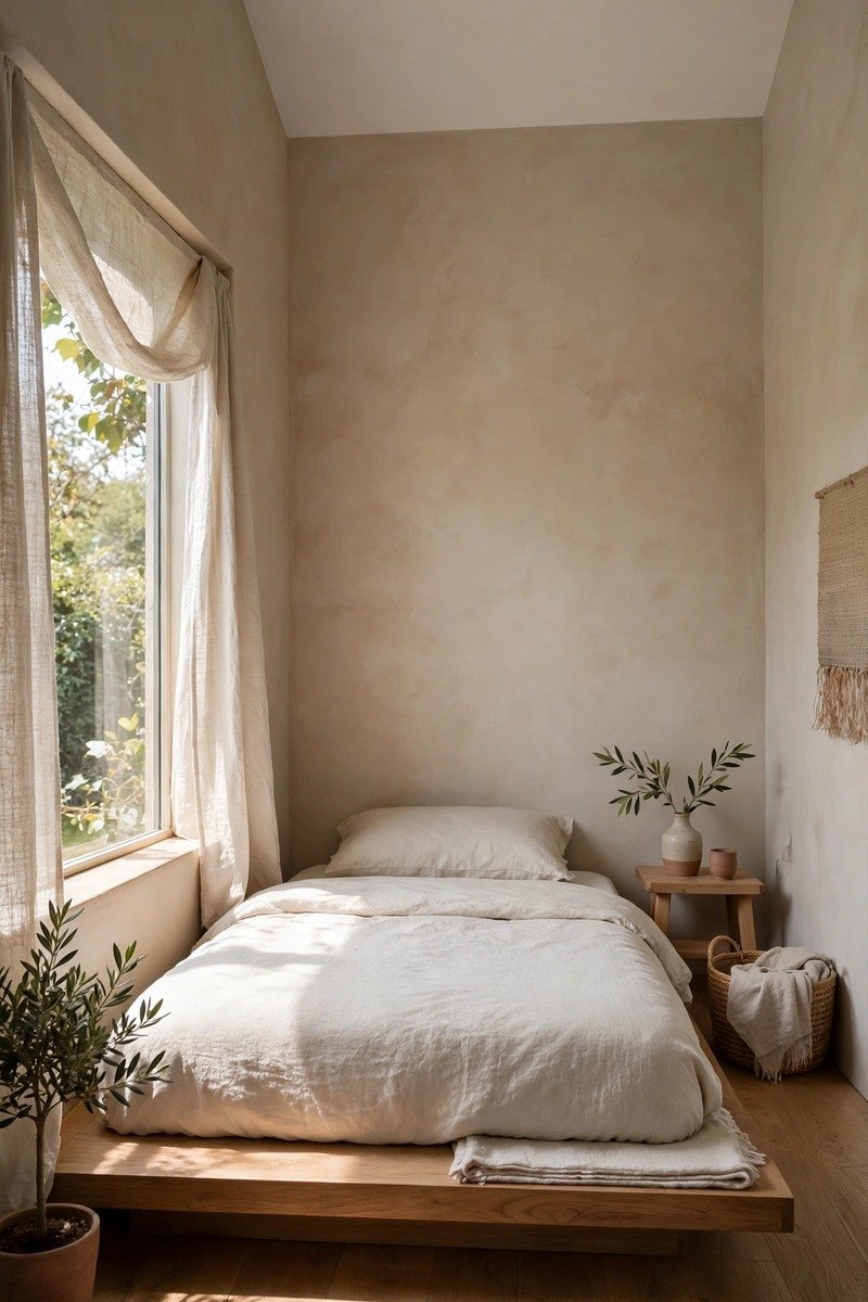 Small bedroom with a low profile bed frame